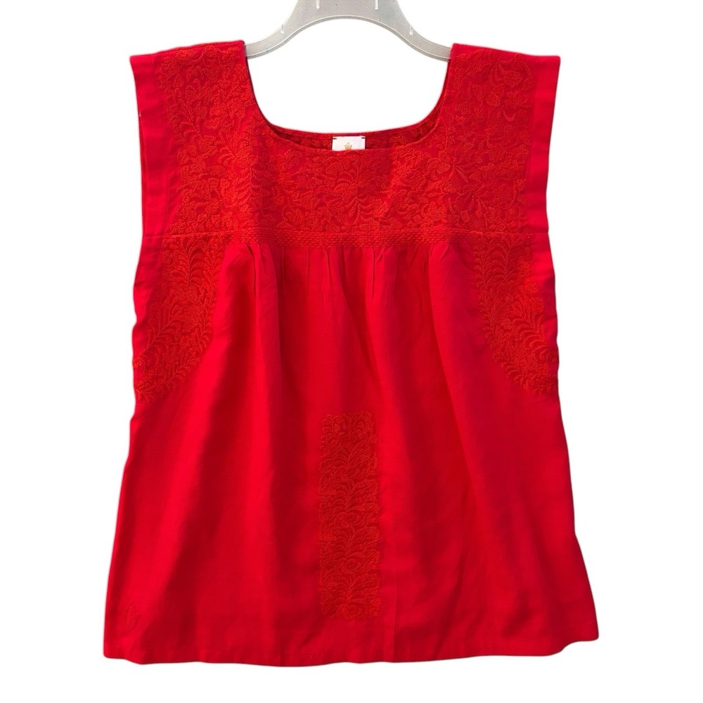 J Marie Red Embroidered Top Medium Boho Blouse Babydoll Sleeveless Linen Blend